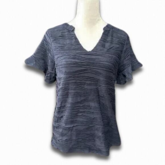 Willow Drive Textured Blouse Short Flutter Sleeves Lightweight Navy Blue S NWT - Picture 2 of 10